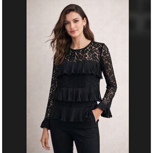 J Crew Black Lace Ruffle Top 4 Sheer Sleeve Floral Pleated Tiered Blouse Keyhole